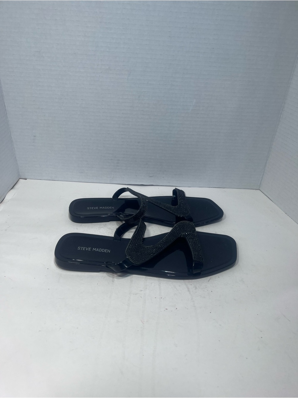Steve Madden Black Rhinestone Cross-Strap Slide Sandals
